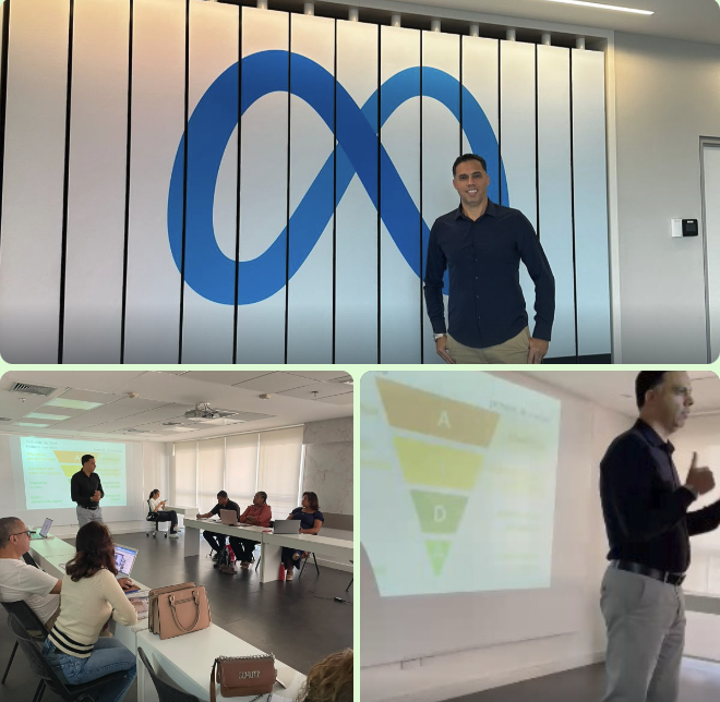 Apresentação com logo da Meta e palestras